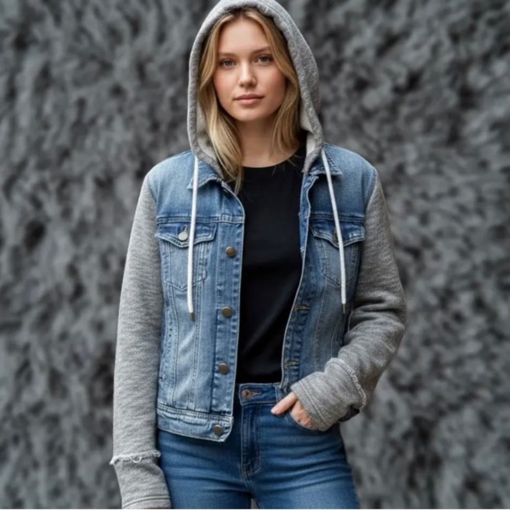 Free People Distressed Knit Hooded Jean Jacket Blue Gray Women’s L Y2k Grunge